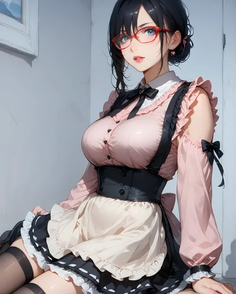 ((inspired by )),((inspired by Animation Style:1.5)),(masterpiece, best quality),beautiful, beautiful-woman, ((detailed face)).(full body:1.3).,
((black hair)), glasses, blue eyes, long hair, over-rim eye-wear,semi-rimless eye-wear, between eyes .(red-fra...