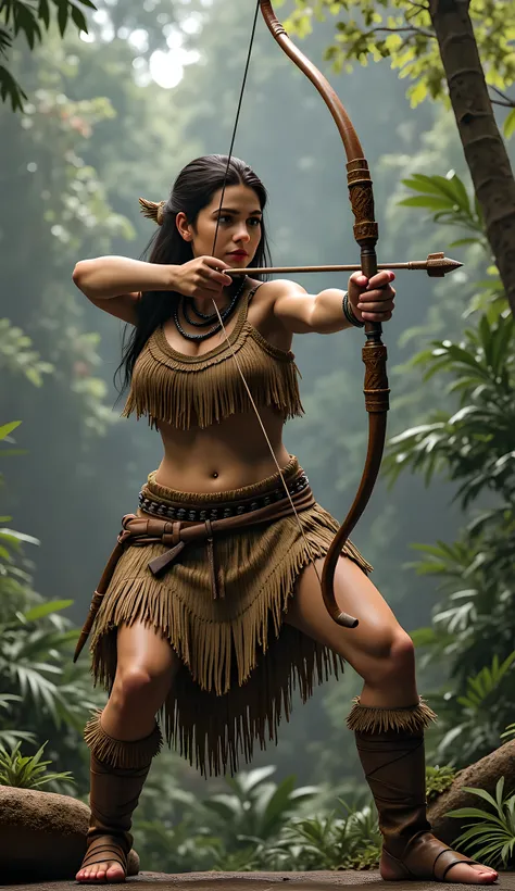 Stone age era, (prehistoric age era:1.6), ((Realistic cinematography best cinematic close-up angle depth|an intense details of realistically beautiful tropical deep jungle landscape scenery)),surreal,focusing on a female archer while holding and gripping a...