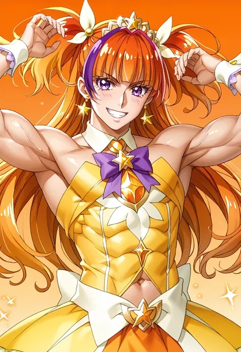 score 9 、score 8 up、score 7 up、source anime、傑作、Best quality、Best resolution、best image quality、anime coloring、anime screencap、anime screenshot、official art、1boy、cure twinkle is a boy、(male:1.6)、man is wearing a yellow strapless dress、solo、long hair、orange ...