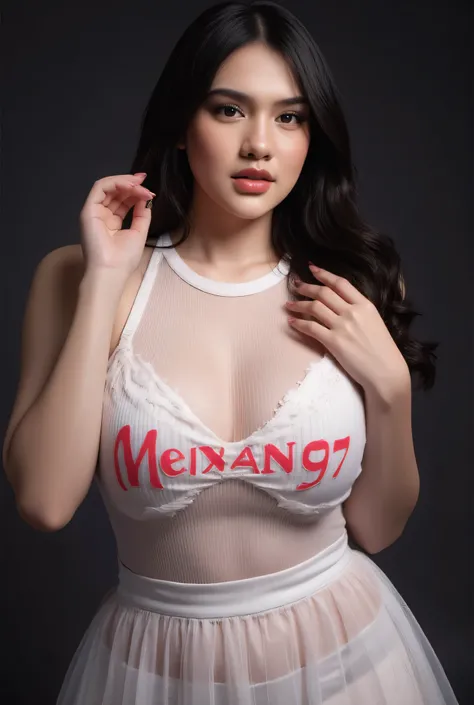 A beautiful woman wearing a stylish semi-sheer white dress transparant with bold red text “Menang77” across the chest. She is striking a sexy and confident half-body pose, glamorous look, fashion photography style, photorealistic, sharp focus, dramatic lig...