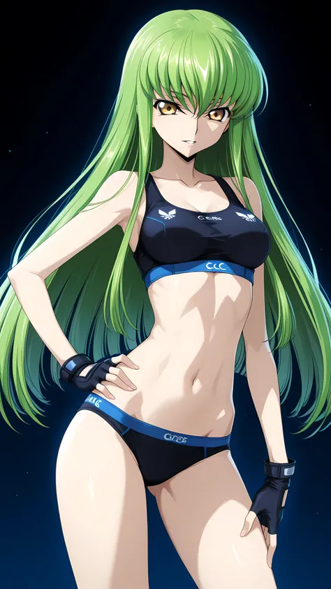 C.C., Code Geass, (yellow eyes), long hair, medium breasts,, solo, (black and blue sports bra, black and blue high-leg cut underwear, black and blue fingerless gloves), serious grin, well-toned slim body, slim waist, looking at viewer, extremely detailed ...