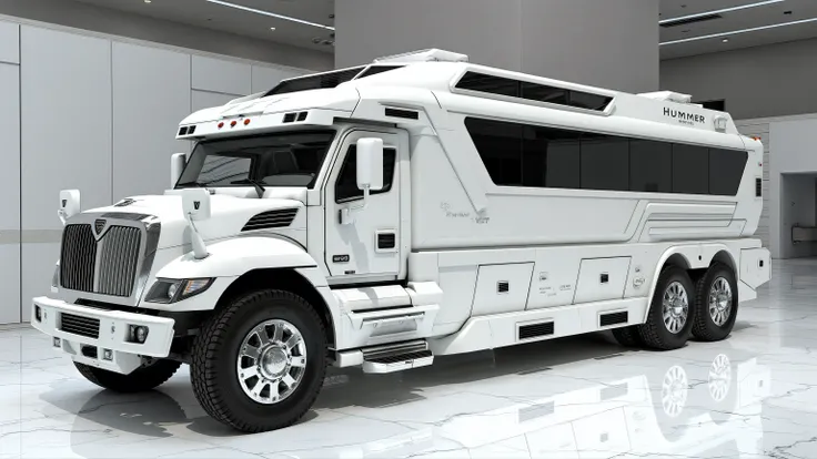 armored vehicle,,A futuristic ultra-luxury motorhome with a bold, angular, and aerodynamic design, inspired by modern concept vehicles. The body is sleek and finished in glossy pure white with sharp geometric contours. The front of the motorhome has an agg...
