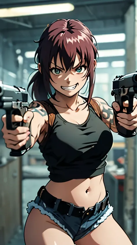 masterpiece, best quality, very aesthetic, movie quality, depth of field,soft saturation, focused subject, anime screenshot, anime coloring,official style, Revy main outfit, Revy (character), 1girl, solo shoulder holster, revy (black lagoon), burgundy hair...