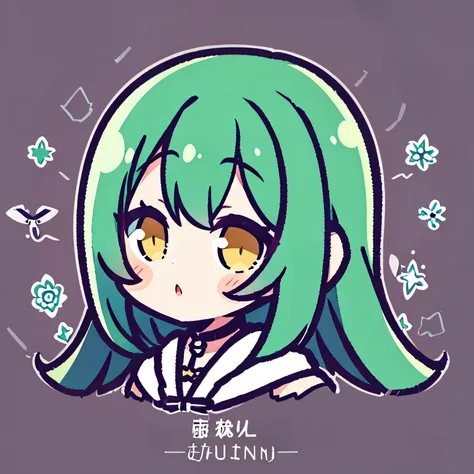 1girl, chibi, green hair, half closed eyes, yellow eyes, detailed beautiful face, flush, close-up, (kiss), love, (moon)