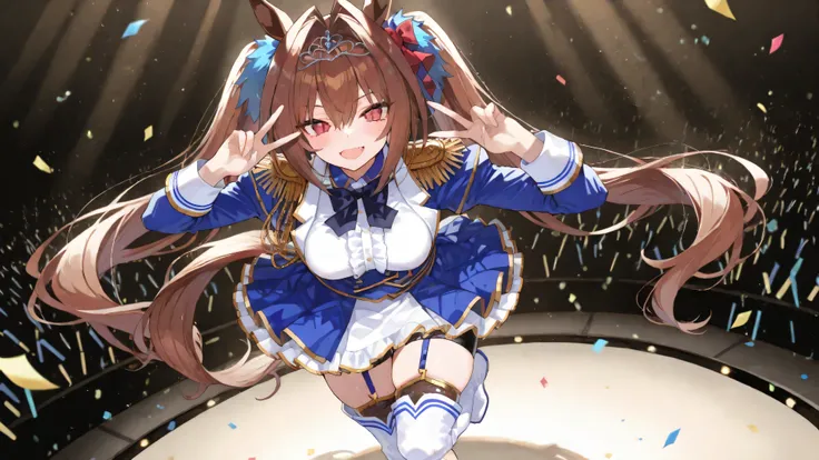 DASUKA_RACE,ダイワスカーレット,{{{masterpiece}}}, {{{best quality}}}, {{ultra-detailed}}, {illustration}, {{an extremely delicate and beautiful}},1 girl,high school student,full body,idol stage,confetti,light particles,looking at viewer,standing,Umapyoi,hands up,on...