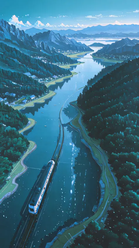 painting of a scenic view of a lake and mountains with a train, anime landscape, studio glibly makoto shinkai, makoto shinkai. —h 2160, style of makoto shinkai, blue sea. by makoto shinkai, beautiful anime scenery, detailed scenery —width 672, anime countr...