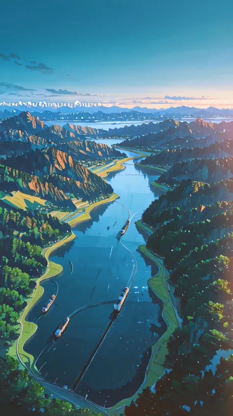 painting of a scenic view of a lake and mountains with a train, anime landscape, studio glibly makoto shinkai, makoto shinkai. —h 2160, style of makoto shinkai, blue sea. by makoto shinkai, beautiful anime scenery, detailed scenery —width 672, anime countr...