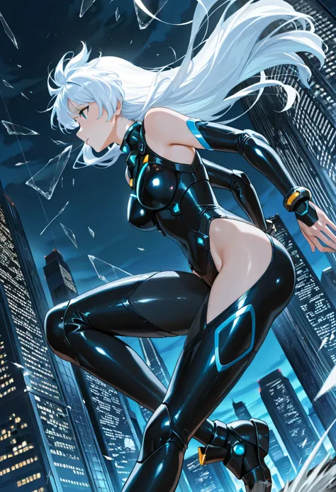 an anime girl, long white hair, blue eyes, from side, profile, low angle, dynamic angle, dynamic action, ((running down a skyscraper)), windy, hair blowing in wind, breaking glass, wearing cybernetic bodysuit, high-leg, sleeveless, night, armor