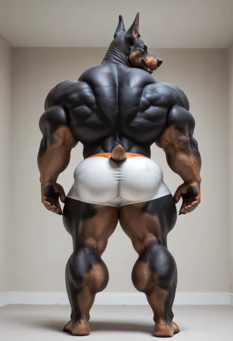(((by 00b00b43, by morph, by w0lfc0nf))), (((Huge Adult Male Muscular Furry Anthro Canine Doberman Dog:1.5))), (((Solo:2))), (((Detail Bright Orange Eyes:1.5, Black Sclera:1.5))), (((Position(facing away, back view position:1.5, both of his hand are on his...