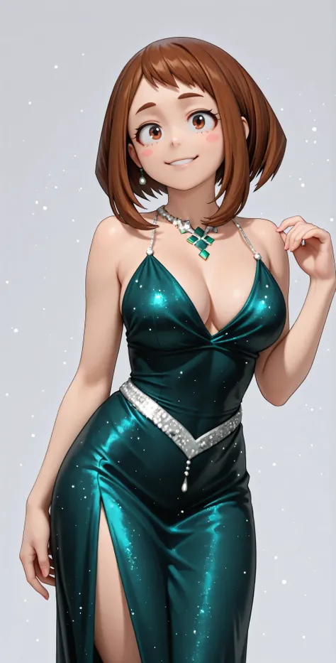 HD, 4k, clear. a girl, uraraka ochako, naughty pose. smile. alone. (gray background), Wear a beautiful dark green satin dress. evening dress adorned with silver glitter particles for added glamor. (hyperdetailed face), urarak4, brown hair, short hair, bro...