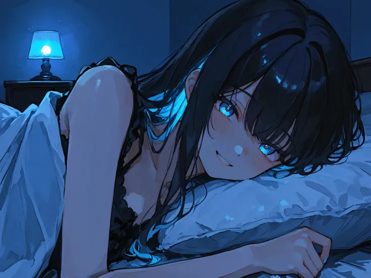 A cute but yandere girlfriend with long black hair and neon blue inner highlights, lying on a white bed at night. She is smiling sweetly, but her neon blue eyes shine with a possessive aura. The room is dimly lit by moonlight and a soft lamp, creating a co...