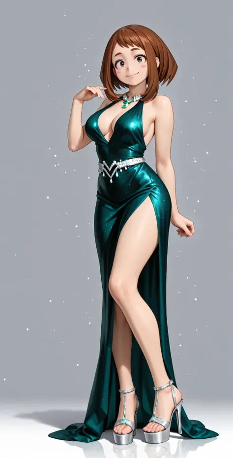 HD, 4k, clear. a girl, uraraka ochako, naughty pose. smile. alone. (gray background), Wear a beautiful dark green satin dress. evening dress adorned with silver glitter particles for added glamor. Transparent high heel sandals with platform. (hyperdetaile...