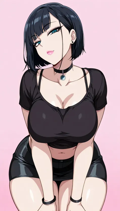 Masterpiece, best quality, 1girl, pale skin, short hair, black hair, straight bangs, blue eyes, black eyeliner, pink lips, curvy body, large breasts, wide hips, dark circles, black t-shirt, black bra straps, navel, black miniskirt, black choker, black brac...