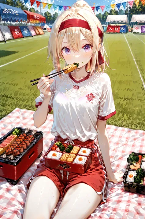 masterpiece, best quality, detailed anime illustration, 
a joyful elegant blonde ojousama in sports day outfit (white T-shirt with red trim, red shorts, red headband), 
sitting on a blue picnic blanket during a sunny school sports festival, 
vivid sports f...