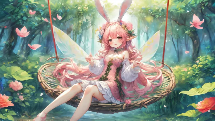 (Highest Quality, Super Detailed:1.5), 8k,(one girl), (Elf Girl with Rabbit Ears:1.5),Platinum Blonde Hair, very long hair, round eyes,(Rabbit Ears Grow:1.5), ( RED Beautiful Eyes :1.5), full body, lift arms backwards, small breasts,(Beautiful Vines and Fl...