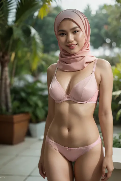 Masterpiece, High Quality, 8K, UHD, Ultra-detailed, A professional studio photography portrait of young lingerie model, (beautiful indonesia girl in hijab:1.2), grin smile, eye level camera, full body shot, elegant and tasteful fashion editorial style. The...