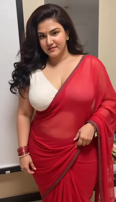 INDIAN MARRIED DESI BHABHI BRIDE , WET , BBW Full wet body picture , wet BBW Fat ass curvy milf woman IS LIFTING HER wet SAREE UP and showing her big curvy big ass in Tiny Black Thong Panty and sexy sleeveless White blouse in many red bangles , earings , l...