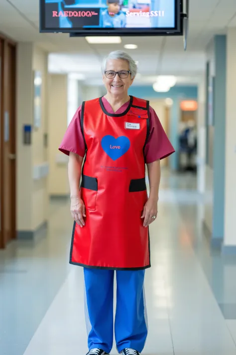 a wide angle image of a 49 year old woman wearing a shiny red lead apron with a blue heart, with red text that says "Love" the woman wears blue latex pants, the woman wears a red and pink scrub shirt, the woman stands in the radiology lobby of a hospital, ...