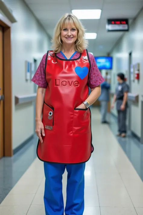 a wide angle image of a 49 year old woman wearing a shiny red lead apron with a blue heart, with red text that says "Love" the woman wears blue latex pants, the woman wears a red and pink scrub shirt, the woman stands in the radiology lobby of a hospital, ...
