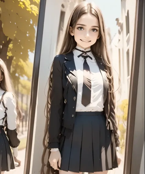 Double identity in the mirror: A girl in school uniform looks at her reflection in the mirror: the reflection shows her nocturnal alter ego, with a leather jacket, scars and a determined gaze.