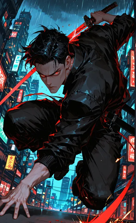 (masterpiece:1.3, 8k:1.3, Highest Quality:1.3, detail:1.3, high resolution:1.3, Digital Painting, ultra detailed), anime male assassin(manly face), (subtle gloss:1.1), mid-leap between buildings, short black hair, red and black assassin garb, dual katanas ...