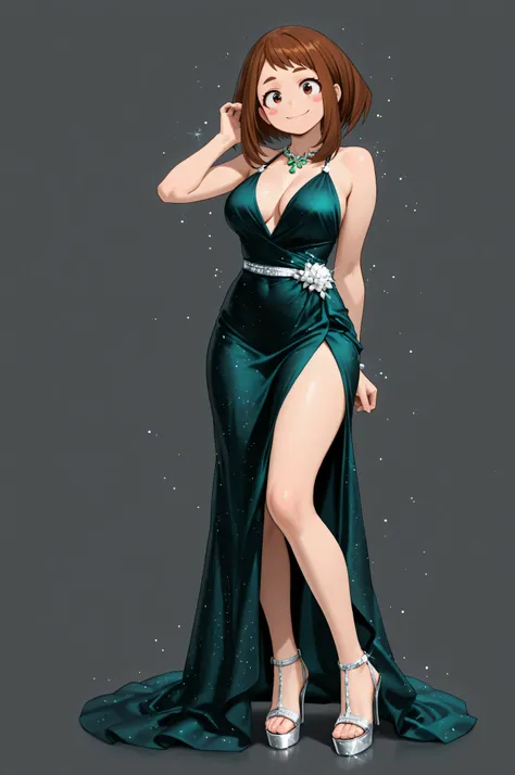 HD, 4k, clear. a girl, uraraka ochako, naughty pose. smile. alone. (gray background), Wear a beautiful dark green satin dress. evening dress adorned with silver glitter particles for added glamor. Transparent high heel sandals with platform. (hyperdetaile...