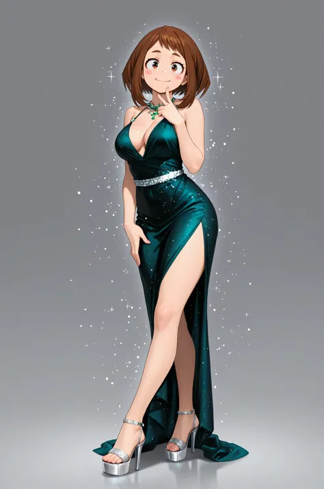 HD, 4k, clear. a girl, uraraka ochako, naughty pose. smile. alone. (gray background), Wear a beautiful dark green satin dress. evening dress adorned with silver glitter particles for added glamor. Transparent high heel sandals with platform. (hyperdetaile...