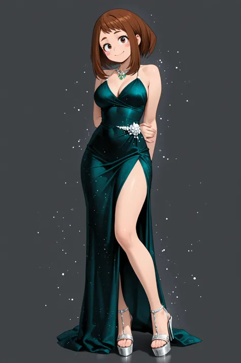 HD, 4k, clear. a girl, uraraka ochako, naughty pose. smile. alone. (gray background), Wear a beautiful dark green satin dress. evening dress adorned with silver glitter particles for added glamor. Transparent high heel sandals with platform. (hyperdetaile...