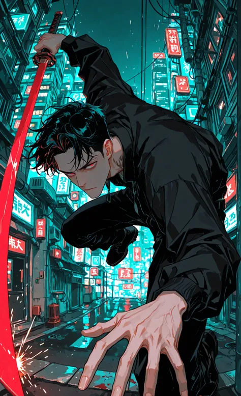 (masterpiece: 1.3, 8k: 1.3, Highest quality: 1.3, detail: 1.3, high resolution: 1.3, digital painting, overdetalization), anime killer man (male), (barely noticeable shine: 1.1), jump between buildings, short black hair, red and black killer clothes, doubl...