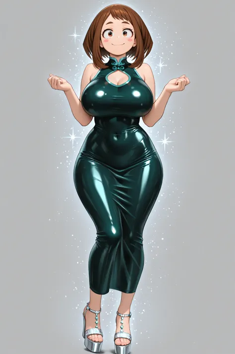 HD, 4k, clear. a girl, uraraka ochako, naughty pose. smile. alone. (gray background), wear a beautiful dark green latex Qipao very tight. sleeveless. Wide drop neckline.. Qipao adorned with silver glitter particles for added glamor. Transparent high-heel ...