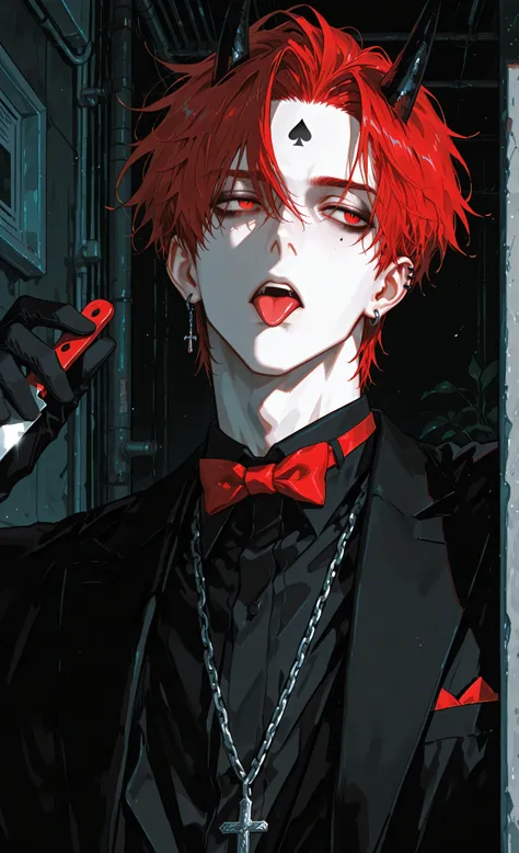 (masterpiece: 1.3, 8k:1.3, Highest quality: 1.3, detail: 1.3, high resolution: 1.3, digital painting, super-detailed) A stylized anime illustration featuring a young male character, approximately in his late teens, with pale skin and striking features. The...