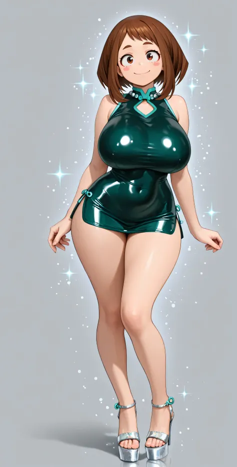 HD, 4k, clear. a girl, uraraka ochako, naughty pose. smile. alone. (gray background), Wear a beautiful Qipao short dark green latex very tight. sleeveless. Wide drop neckline.. Qipao adorned with silver glitter particles for added glamor. Transparent high...