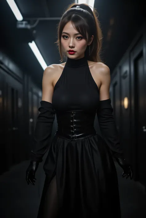 From below, low angle viewer perspective.
The entire area is pitch black. Neon tubes.
She's wearing a black, high-necked sleeveless shirt.
A long black skirt, corset. Tight-fitting black gloves.
Super beautiful Japanese woman, looks like a intimidating dom...
