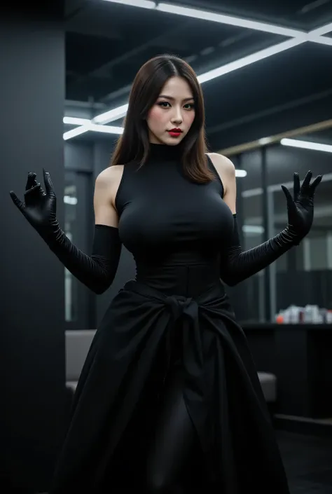 From below, low angle viewer perspective.
The entire area is pitch black. Neon tubes.
She's wearing a black, high-necked sleeveless shirt.
A long black skirt, corset. Tight-fitting black gloves.
Super beautiful Japanese woman, looks like a intimidating dom...