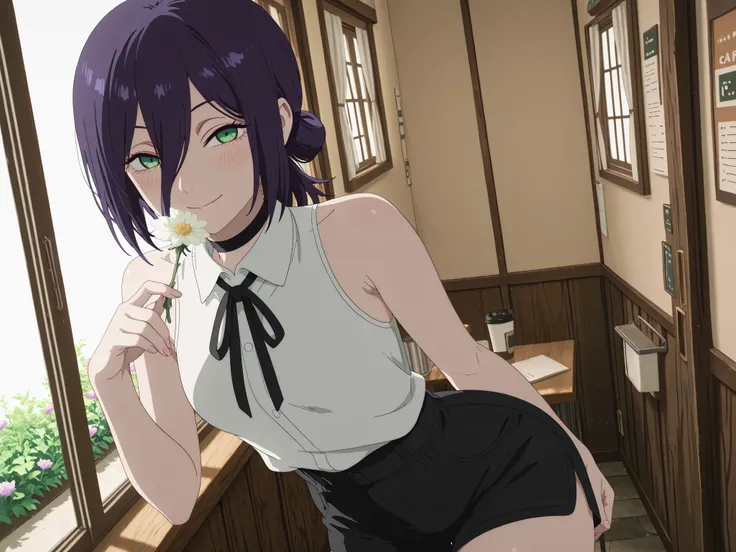 masterpiece, best quality, absolutely absurdres, very aaesthetic, newest, very awa, masterpiece, best quality, absolutely absurdres, very aaesthetic, newest, anime screencap, solo, 1girl, reze, chainsaw man, navy hair, green eyes,black choker, purple hair,...
