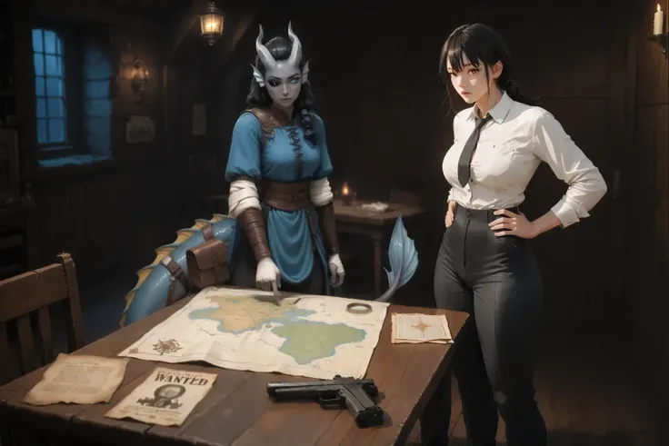 Two girls stand on the sides right and left in profile, three-quarters of the wooden table on which you can see tact a map and several parchments with portraits are wanted. both look at the map. one girl on the left points her finger on the map and looks a...