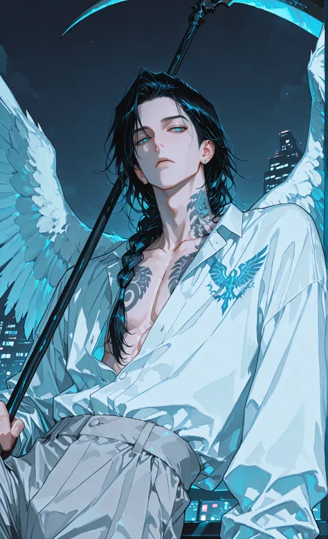 (masterpiece: 1.3, 8k: 1.3, Highest quality: 1.3, detail: 1.3, high resolution: 1.3, digital painting, super detail, Dynamic pose with a reaper scythe, 1male) A young man (male), probably in his early twenties, with dark, long and slightly tousled black ha...