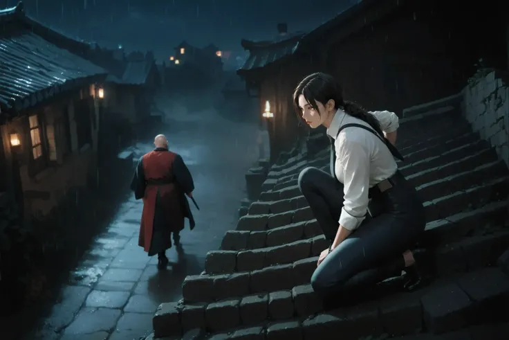 Top view of a medieval-style tiled roof sitting in the rain : K977, (((masterpiece))), (the best quality), (very aesthetic), (bangs), (reddish eyes), (((highest quality))), (high resolution), (best illustration), (anime style), (Detailed and gentle face), ...