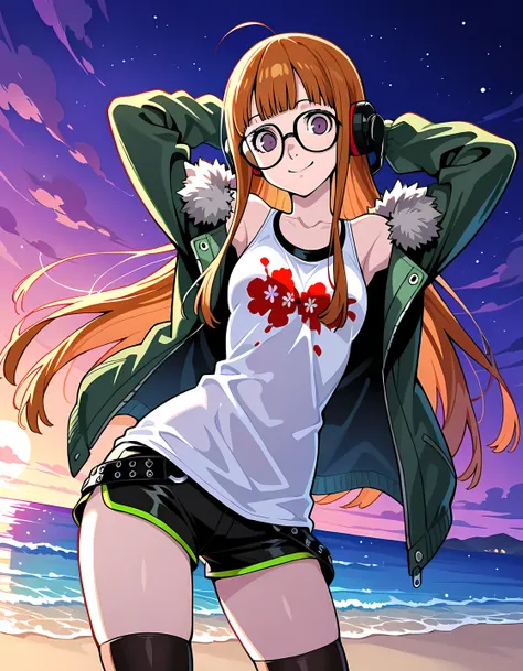p5futaba, sakura futaba, long hair, glasses, blunt bangs, orange hair, ahoge
p5-futaba-winter, behind-the-head headphones, fur-trimmed jacket, green jacket, shirt, white tank top, off shoulder, bare shoulders, black shorts, black thighhighs, shiny skin, h...