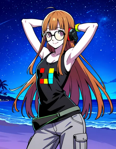 p5futaba, sakura futaba, long hair, glasses, blunt bangs, orange hair, ahoge,
p5futaba-summer, behind-the-head headphones, black tank top, bare shoulders, cargo pants, tetris, grey pants, fanny pack, wristband, shiny skin, high quality, solo, night sky, be...