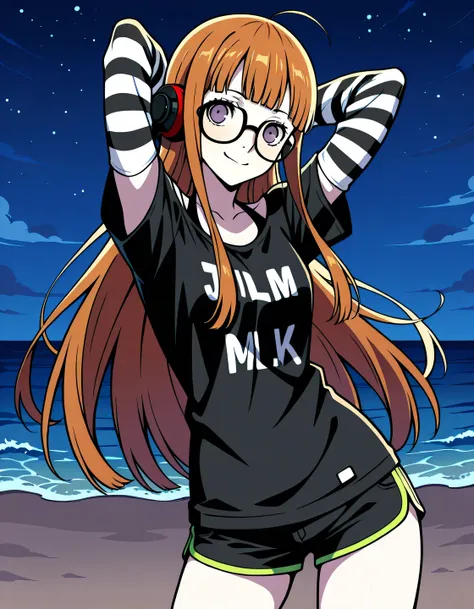 p5futaba, sakura futaba, long hair, glasses, blunt bangs, orange hair, ahoge,
p5futaba-lounge, black shirt, striped sleeves, behind-the-head headphones, jlmk!, black shorts, short shorts, shiny skin, high quality, solo, night sky, beach, (arms behind head)...