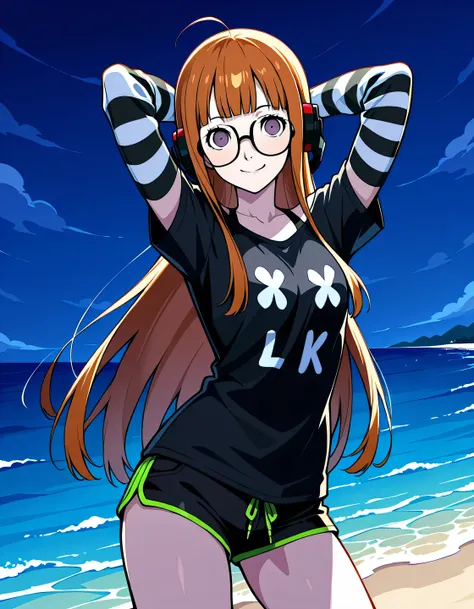 p5futaba, sakura futaba, long hair, glasses, blunt bangs, orange hair, ahoge,
p5futaba-lounge, black shirt, striped sleeves, behind-the-head headphones, jlmk!, black shorts, short shorts, shiny skin, high quality, solo, night sky, beach, (arms behind head)...