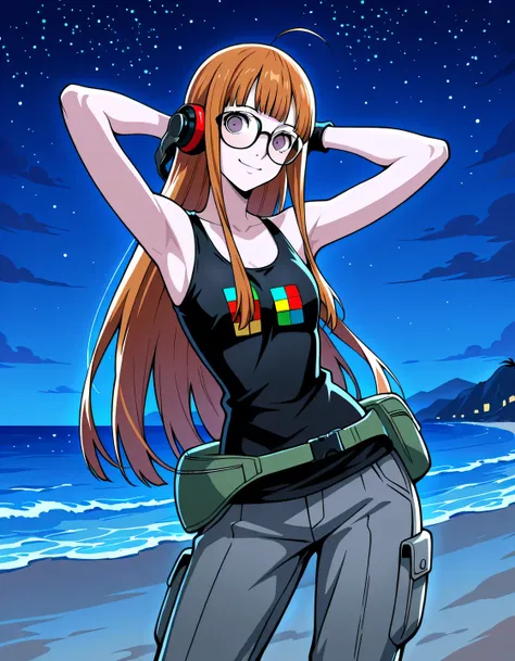 p5futaba, sakura futaba, long hair, glasses, blunt bangs, orange hair, ahoge,
p5futaba-summer, behind-the-head headphones, black tank top, bare shoulders, cargo pants, tetris, grey pants, fanny pack, wristband, shiny skin, high quality, solo, night sky, be...