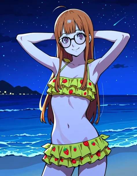 p5futaba, sakura futaba, long hair, glasses, blunt bangs, orange hair, ahoge,
p5futaba-swim, small breasts, swimsuit, frilled bikini, yellow bikini, bikini skirt, red strawberry pattern, high quality, solo, night sky, beach, (hands behind head), ((contrapp...