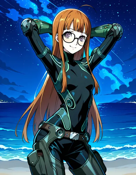 p5futaba, sakura futaba, long hair, blunt bangs, orange hair, ahoge,
p5futaba-oracle, black bodysuit, gloves, green gloves, belt, knee pads, shiny skin, high quality, solo, night sky, beach, (hands behind head), ((contrapposto)), closed mouth, cowboy shot,...