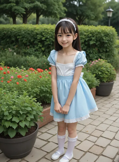 (1 cute young girl)、maids,Look at the audience,(skinny:1.5),(younger:1.5),(toddler wearing top_body:1.5),(braids:0.3),(Bang Hair:0.3),(twin tails:0.3),(ponytail:0.3),(long hair:0.3),(BIG BREASTS:0.92),に付けたblack lace stockings,slouching forward,Japanese,(sm...
