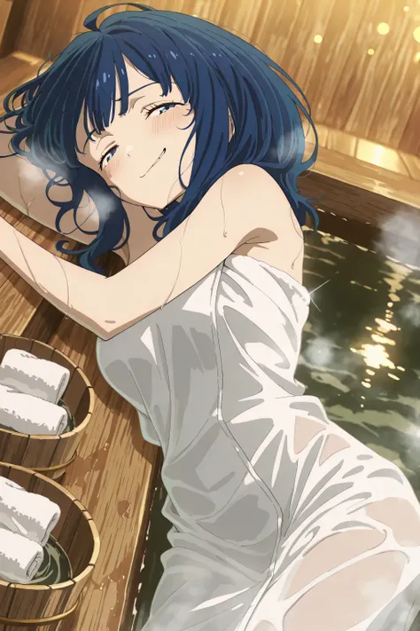 
Open air bath,onsen,
Bath towel wrap,
Lying, on side, 

smirk,orgasm, 

Masterpiece, high score, great score, absurdress 1 girl, blush, hair with water on it, see-through,

anna-default, yanami anna,yanamianna, blue eyes,blue hair,medium hair,steam, 


ex...