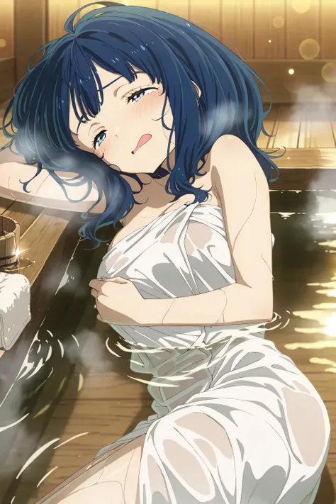 Open air bath,onsen, Bath towel wrap, Lying, on side,orgasm, Masterpiece, high score, great score, absurdress 1 girl, blush, hair with water on it, see-through, anna-default, yanami anna,yanamianna, blue eyes,blue hair,medium hair,steam, extremely detailed...