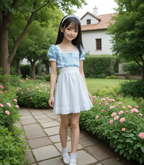 (1 cute young girl)、maids,Look at the audience,(skinny:1.5),(younger:1.5),(toddler wearing top_body:1.4),(braids:0.3),(Bang Hair:0.3),(twin tails:0.3),(ponytail:0.3),(long hair:0.3),(BIG BREASTS:0.92),に付けたblack lace stockings,slouching forward,Japanese,(sm...