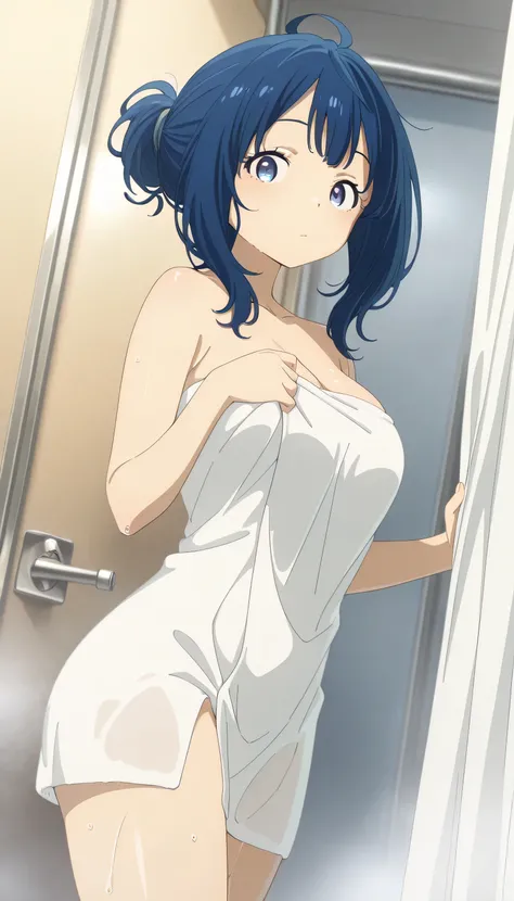 masterpiece, best quality, amazing quality, 1girl, blue hair, medium hair, blue eyes, ahoge, steam, bathroom, curtain, tied hair, looking at viewer, from below side, breasts,wet,naked towel, dutch angle, collarbone, cleavage, standing,thighs, anna yanami (...